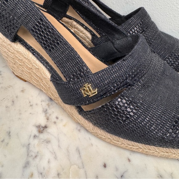 Ralph Lauren Wedges Size 9.5 M Fabric Upper black sandals shoes - Picture 2 of 8
